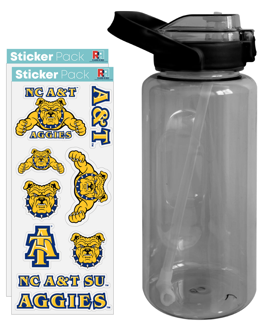 North Carolina A&T State Aggies Waterproof Stickers with 64 oz Large Water Bottle with Screw-on Top and Straw Officially Licensed Product 2-Pack