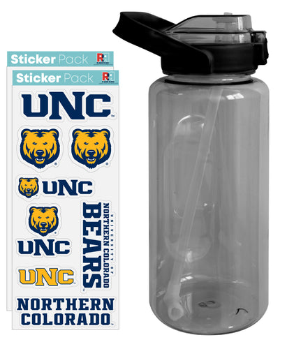 Northern Colorado Bears Waterproof Stickers with 64 oz Large Water Bottle with Screw-on Top and Straw Officially Licensed Product Single