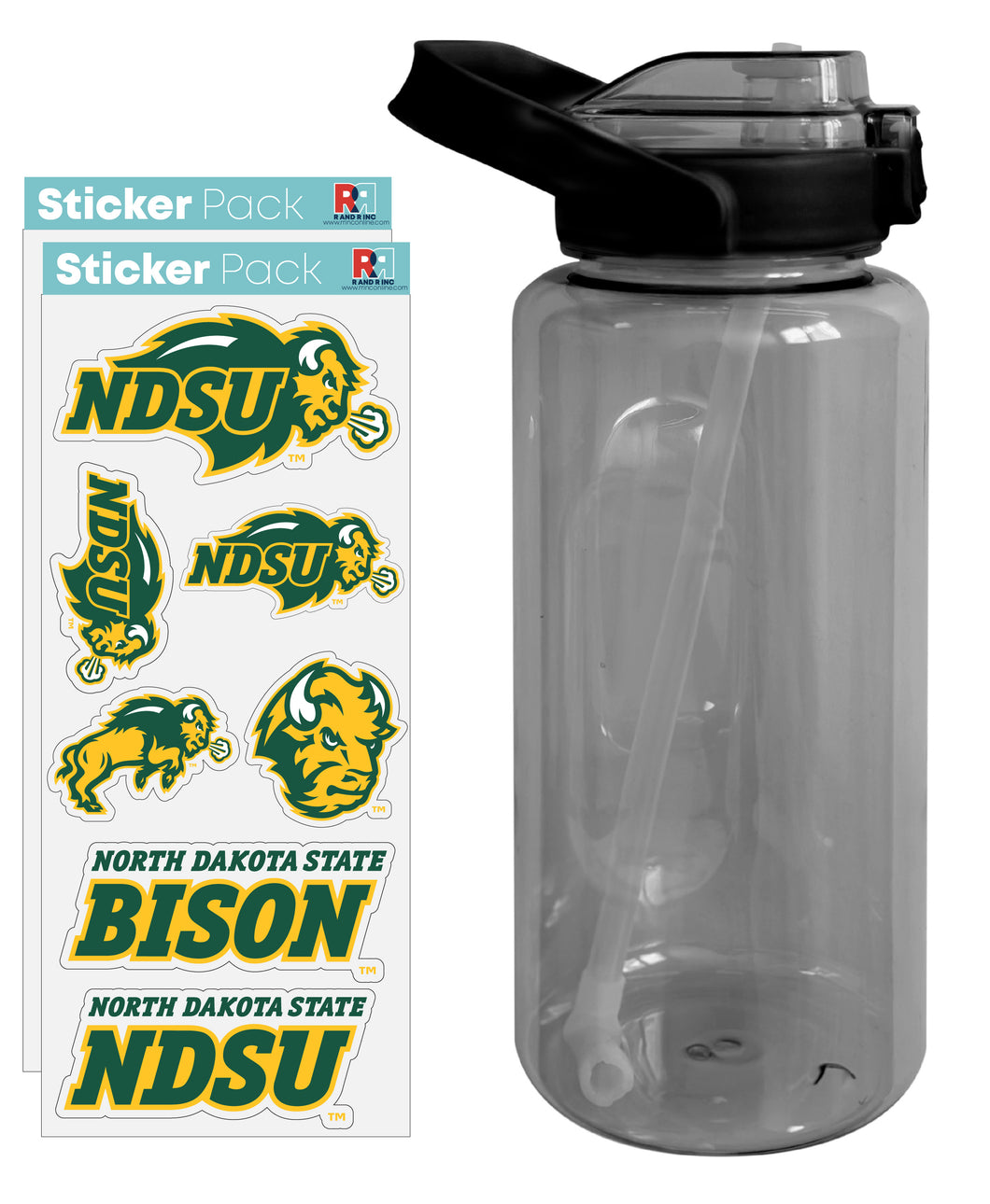 North Dakota State Bison Waterproof Stickers with 64 oz Large Water Bottle with Screw-on Top and Straw Officially Licensed Product Single