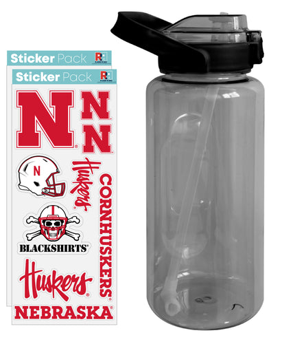 Nebraska Cornhuskers Waterproof Stickers with 64 oz Large Water Bottle with Screw-on Top and Straw Officially Licensed Product 2-Pack