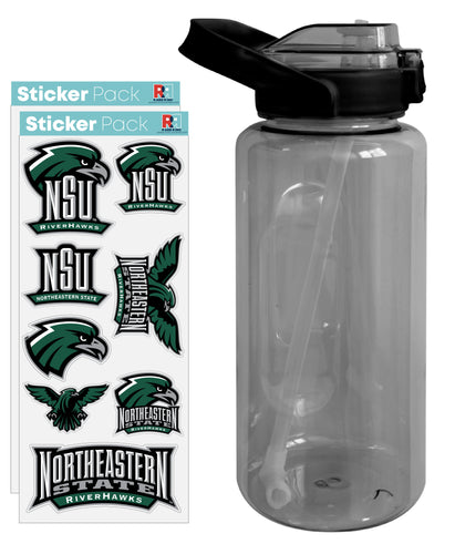 Northeastern State University Riverhawks Waterproof Stickers with 64 oz Large Water Bottle with Screw-on Top and Straw Officially Licensed Product Single