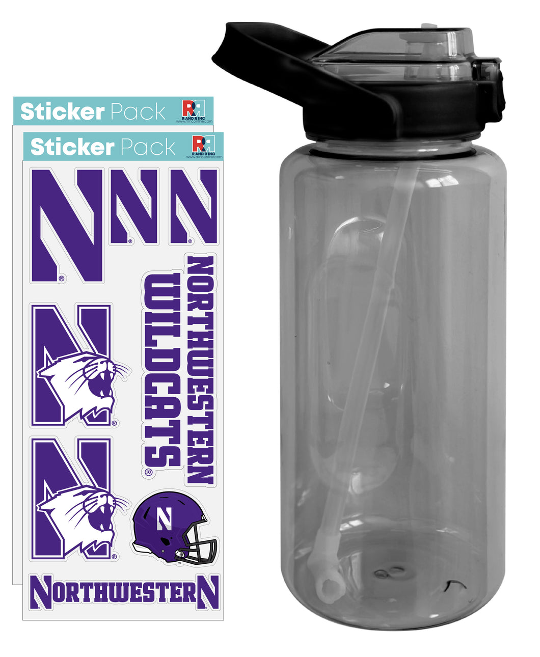 Northwestern University Wildcats Waterproof Stickers with 64 oz Large Water Bottle with Screw-on Top and Straw Officially Licensed Product Single