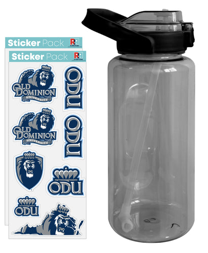 Old Dominion Monarchs Waterproof Stickers with 64 oz Large Water Bottle with Screw-on Top and Straw Officially Licensed Product 2-Pack