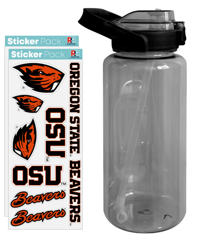 Oregon State Beavers Waterproof Stickers with 64 oz Large Water Bottle with Screw-on Top and Straw Officially Licensed Product Single