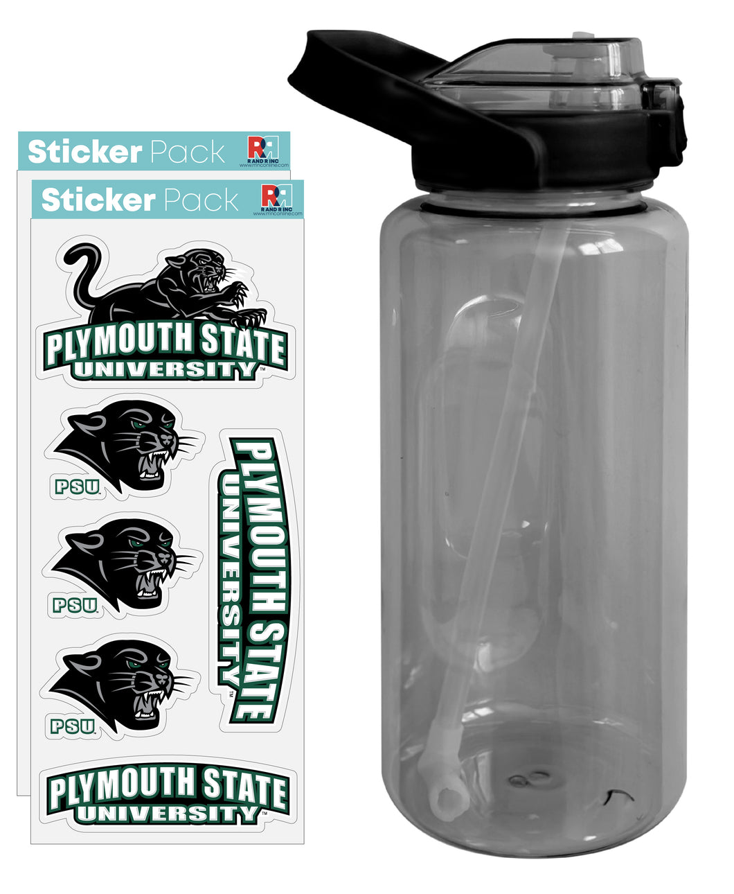 Plymouth State University Waterproof Stickers with 64 oz Large Water Bottle with Screw-on Top and Straw Officially Licensed Product Single