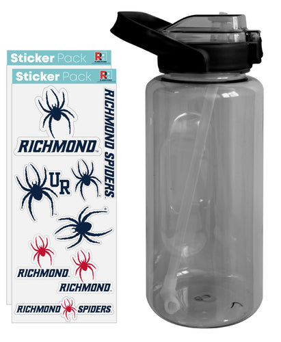 Richmond Spiders Waterproof Stickers with 64 oz Large Water Bottle with Screw-on Top and Straw Officially Licensed Product Single