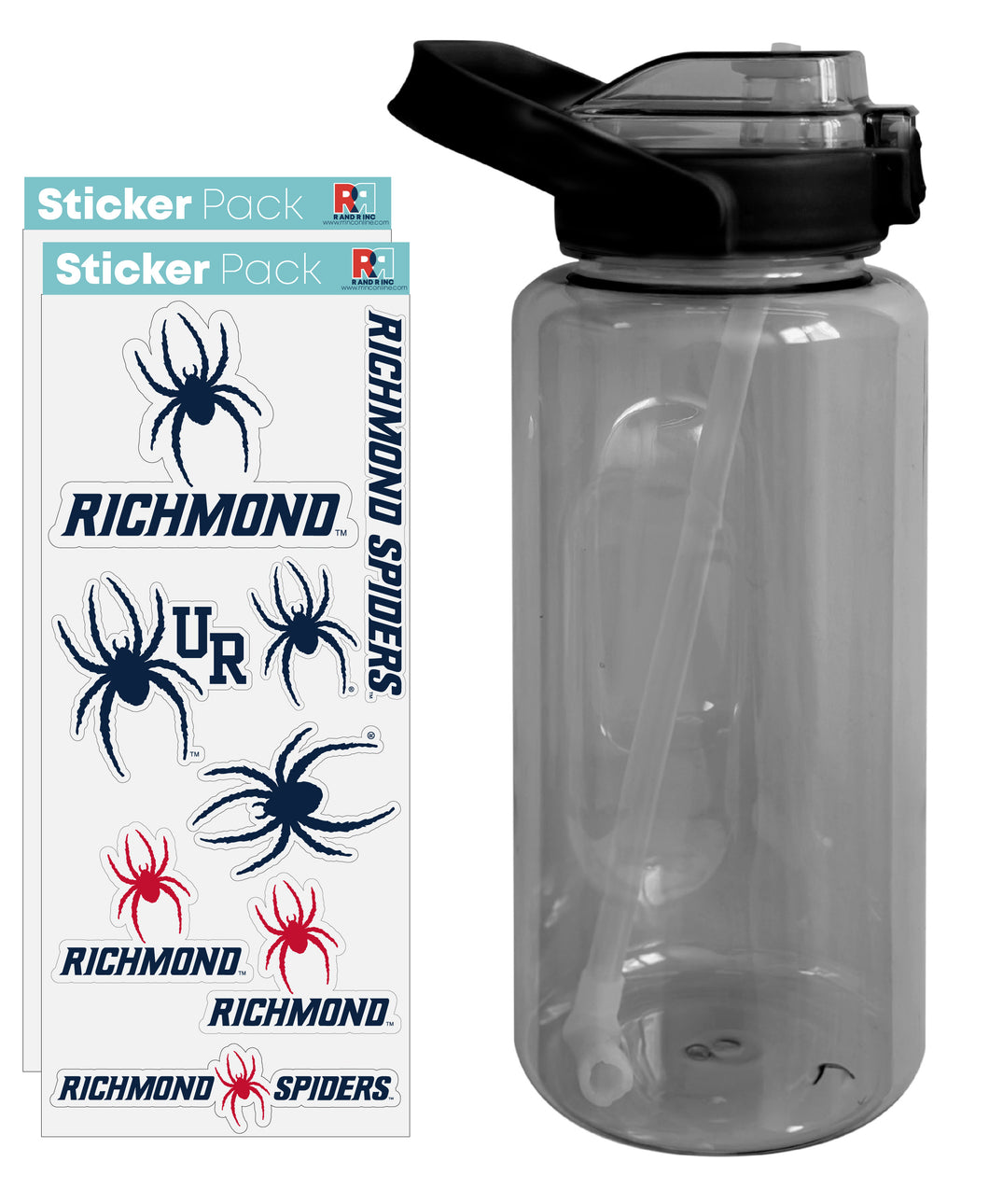 Richmond Spiders Waterproof Stickers with 64 oz Large Water Bottle with Screw-on Top and Straw Officially Licensed Product Single