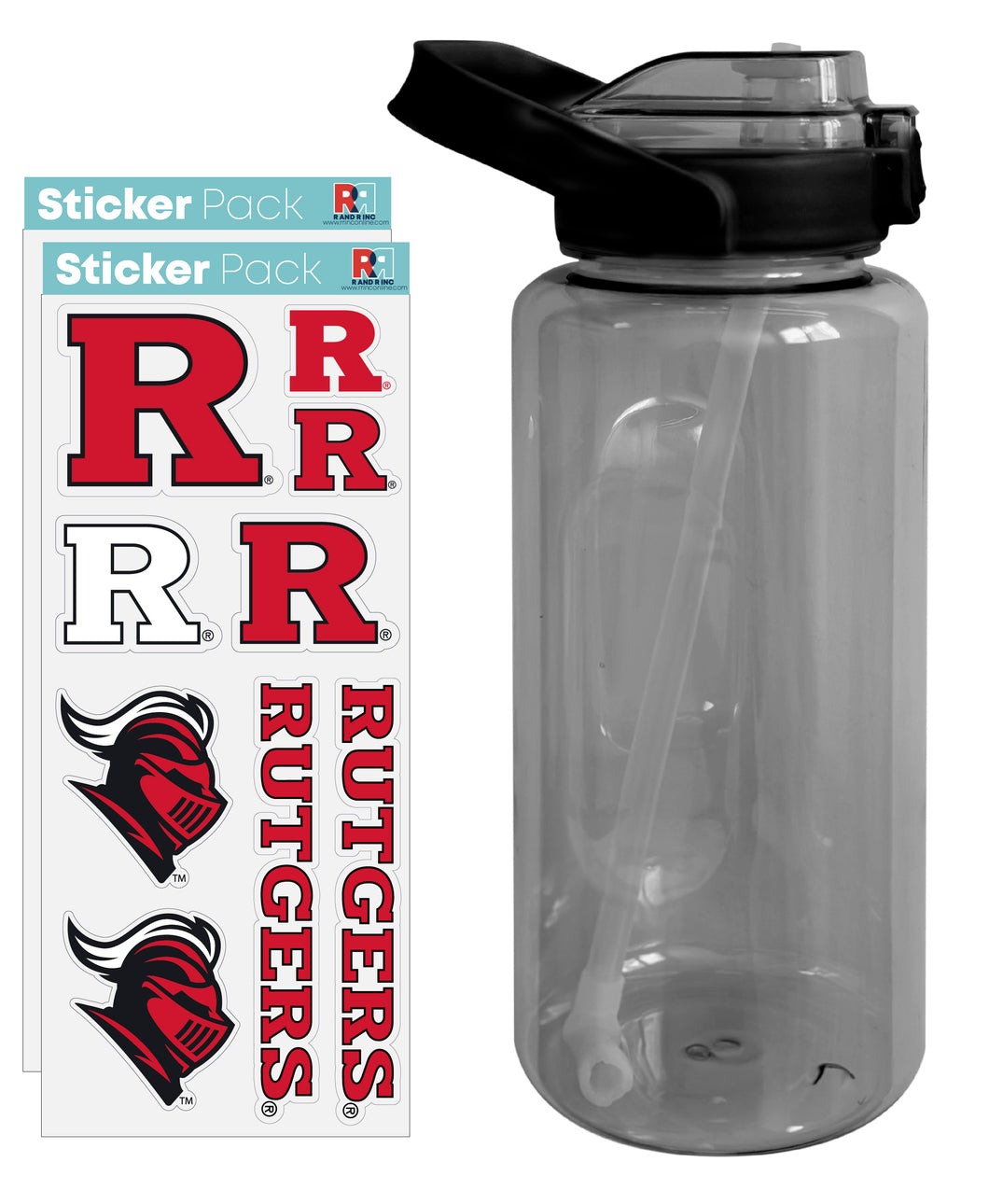 Rutgers Scarlet Knights Waterproof Stickers with 64 oz Large Water Bottle with Screw-on Top and Straw Officially Licensed Product 4-Pack