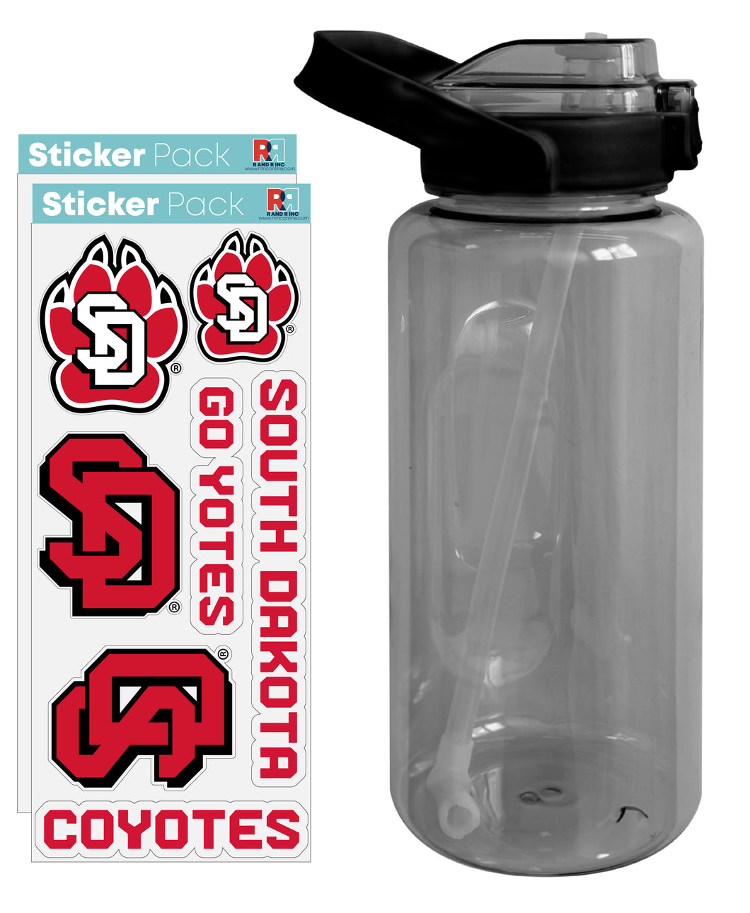 South Dakota Coyotes Waterproof Stickers with 64 oz Large Water Bottle with Screw-on Top and Straw Officially Licensed Product Single