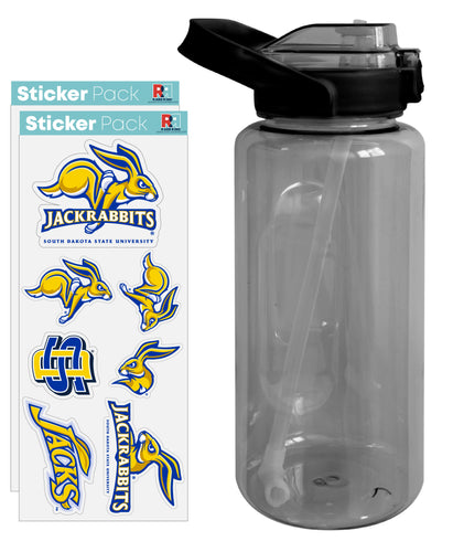 South Dakota State Jackrabbits Waterproof Stickers with 64 oz Large Water Bottle with Screw-on Top and Straw Officially Licensed Product Single