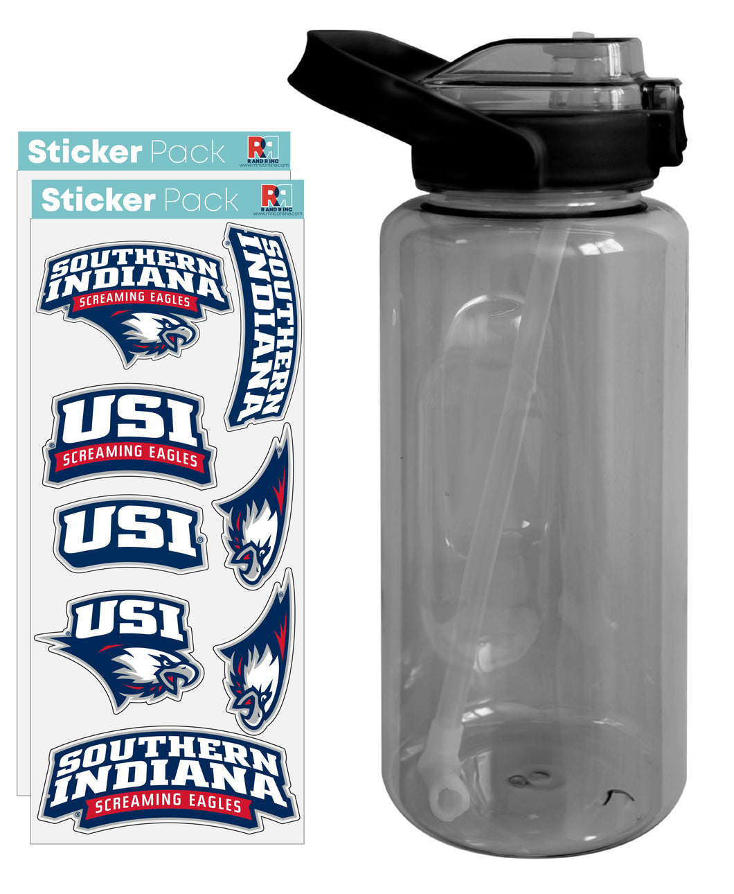 University of Southern Indiana Waterproof Stickers with 64 oz Large Water Bottle with Screw-on Top and Straw Officially Licensed Product 2-Pack