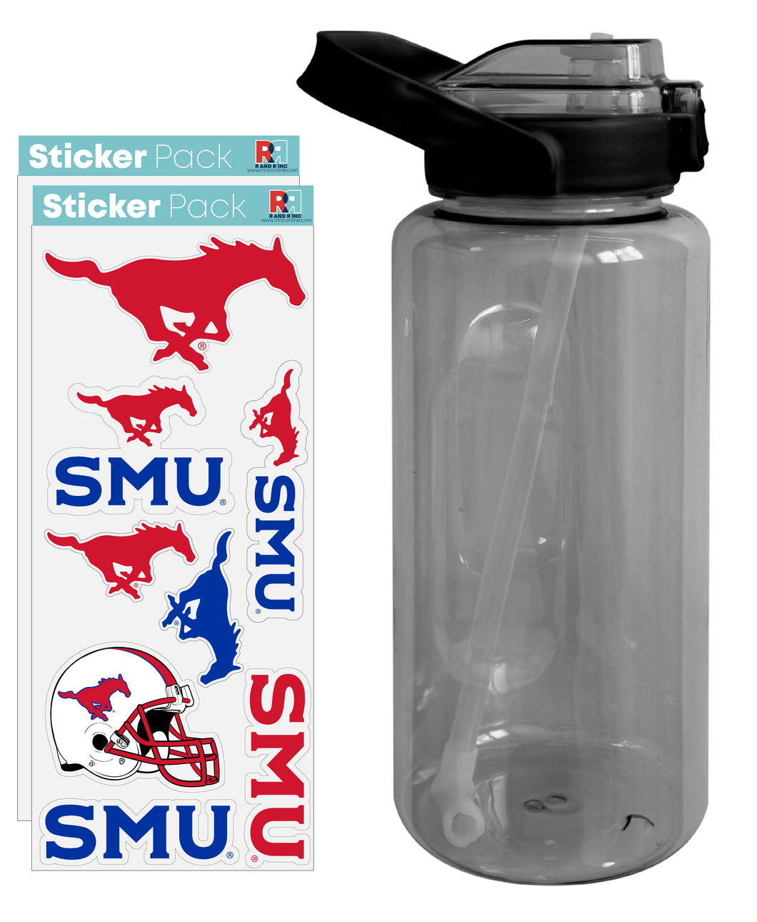 Southern Methodist University Waterproof Stickers with 64 oz Large Water Bottle with Screw-on Top and Straw Officially Licensed Product 2-Pack