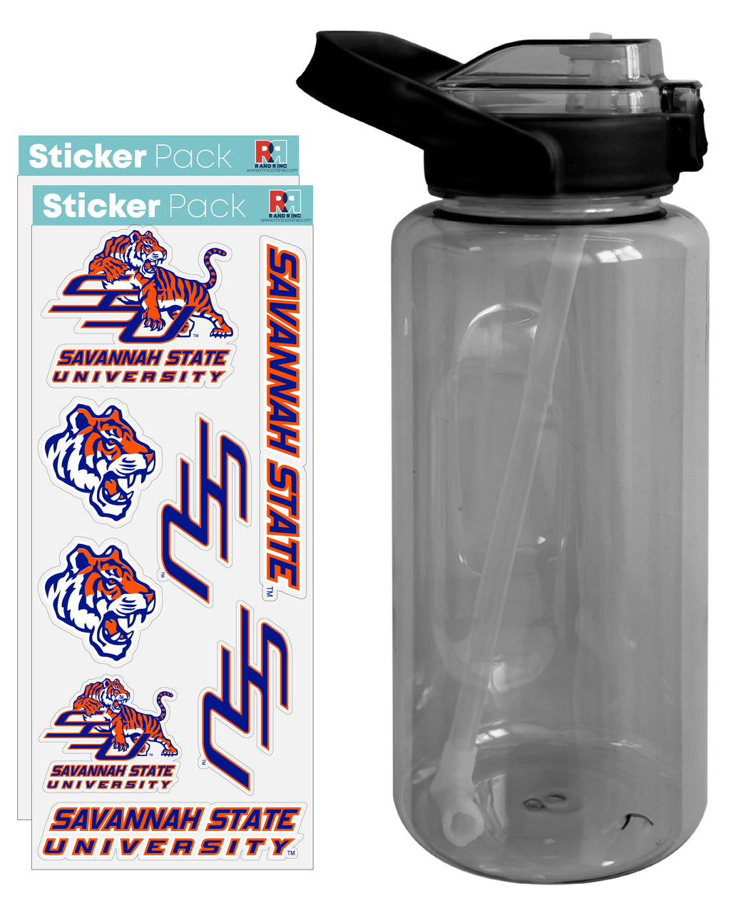 Savannah State University Waterproof Stickers with 64 oz Large Water Bottle with Screw-on Top and Straw Officially Licensed Product 2-Pack