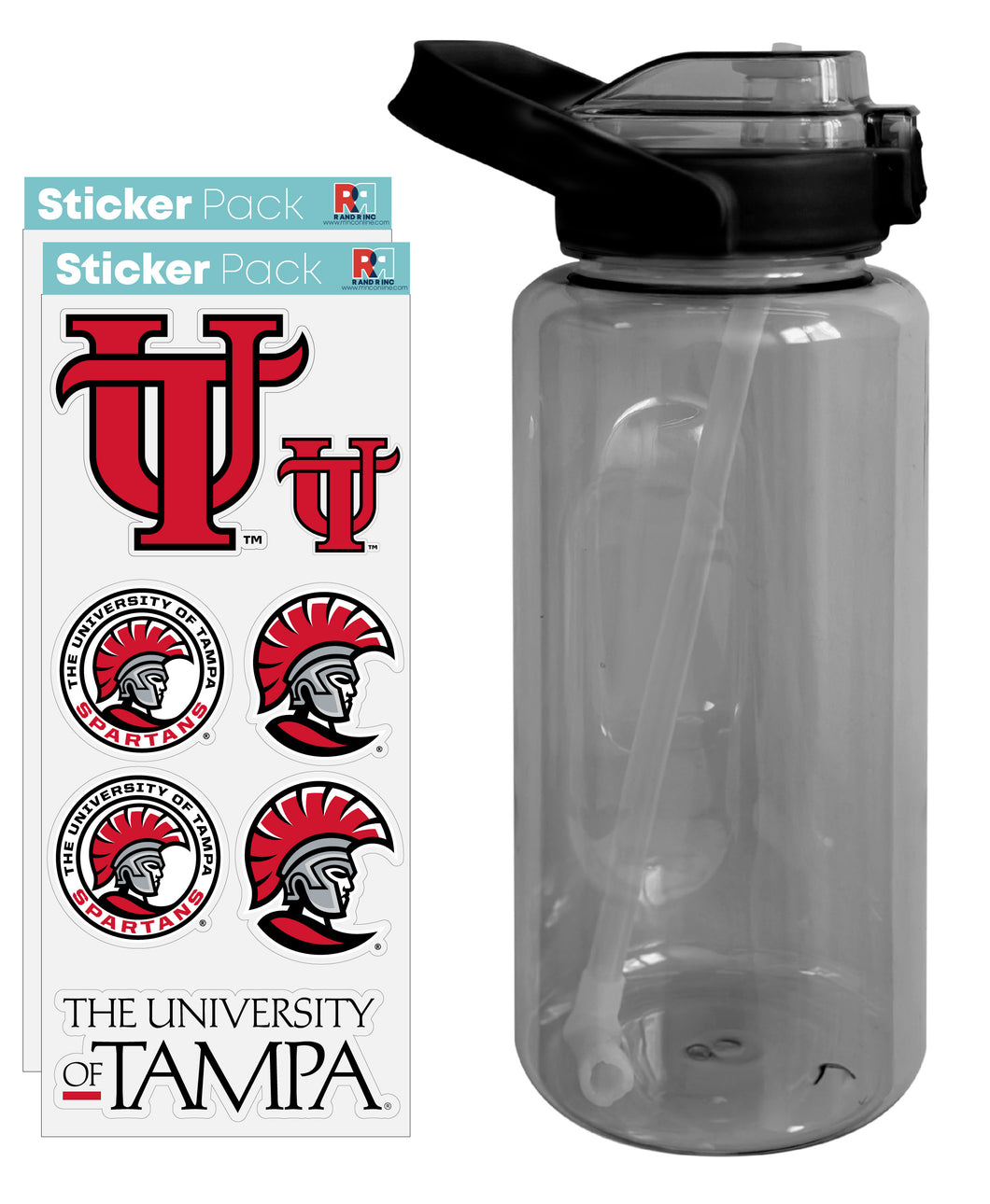 University of Tampa Spartans Waterproof Stickers with 64 oz Large Water Bottle with Screw-on Top and Straw Officially Licensed Product Single