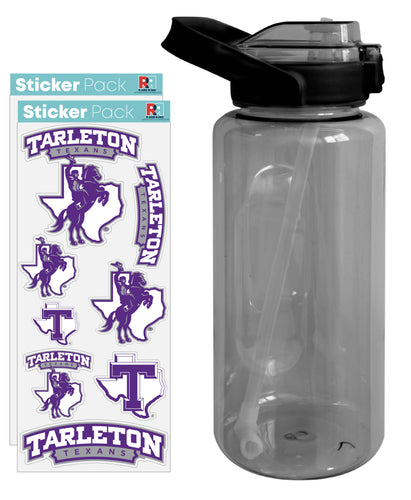 Tarleton State University Waterproof Stickers with 64 oz Large Water Bottle with Screw-on Top and Straw Officially Licensed Product Single