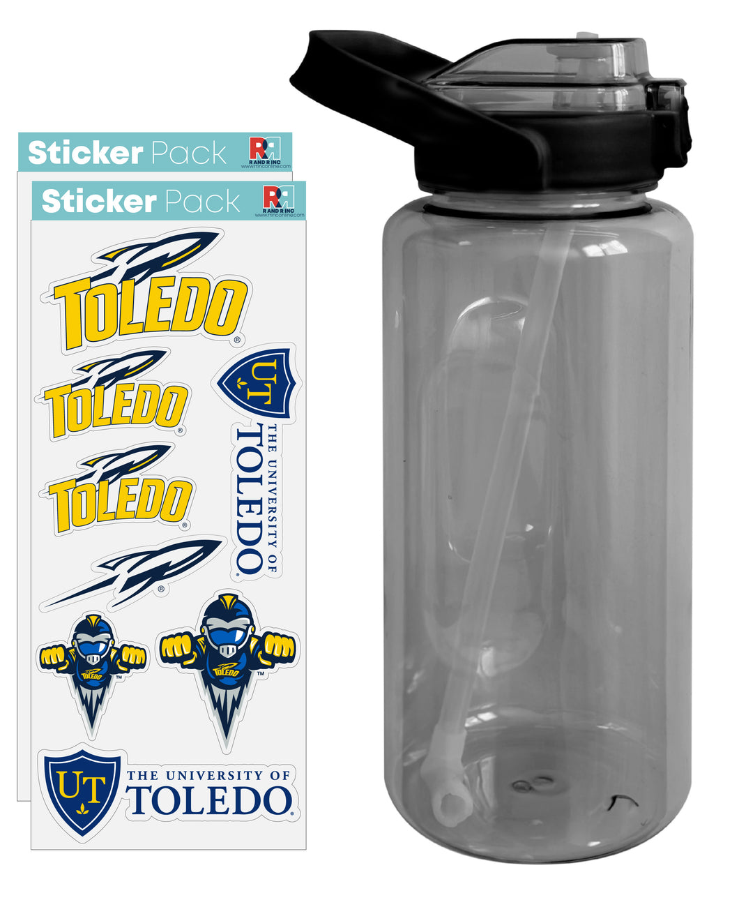 Toledo Rockets Waterproof Stickers with 64 oz Large Water Bottle with Screw-on Top and Straw Officially Licensed Product 2-Pack