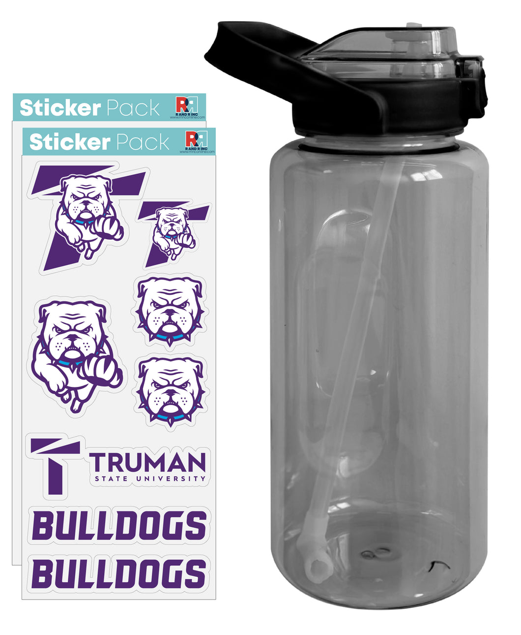 Truman State University Waterproof Stickers with 64 oz Large Water Bottle with Screw-on Top and Straw Officially Licensed Product 2-Pack