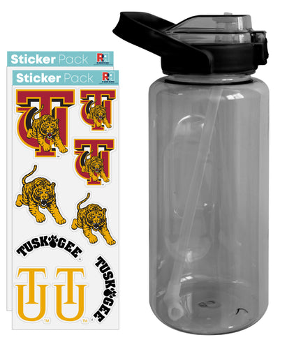 Tuskegee University Waterproof Stickers with 64 oz Large Water Bottle with Screw-on Top and Straw Officially Licensed Product Single