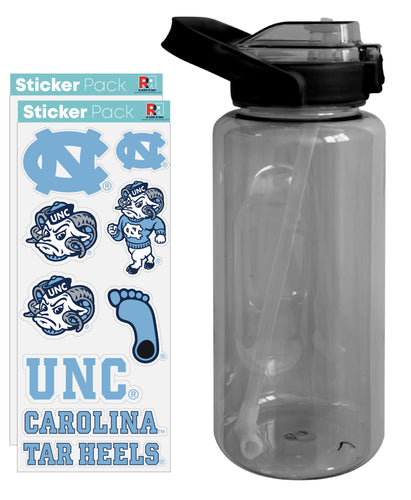 UNC Tar Heels Waterproof Stickers with 64 oz Large Water Bottle with Screw-on Top and Straw Officially Licensed Product Single