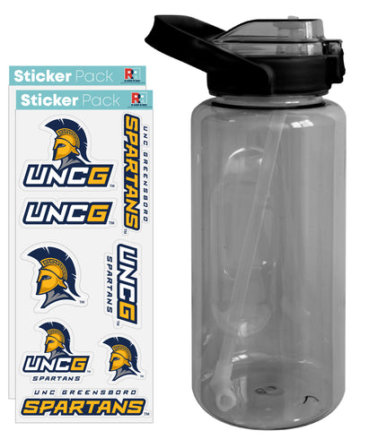 North Carolina Greensboro Spartans Waterproof Stickers with 64 oz Large Water Bottle with Screw-on Top and Straw Officially Licensed Product 4-Pack