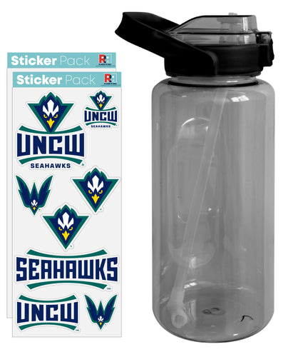 North Carolina Wilmington Seahawks Waterproof Stickers with 64 oz Large Water Bottle with Screw-on Top and Straw Officially Licensed Product Single