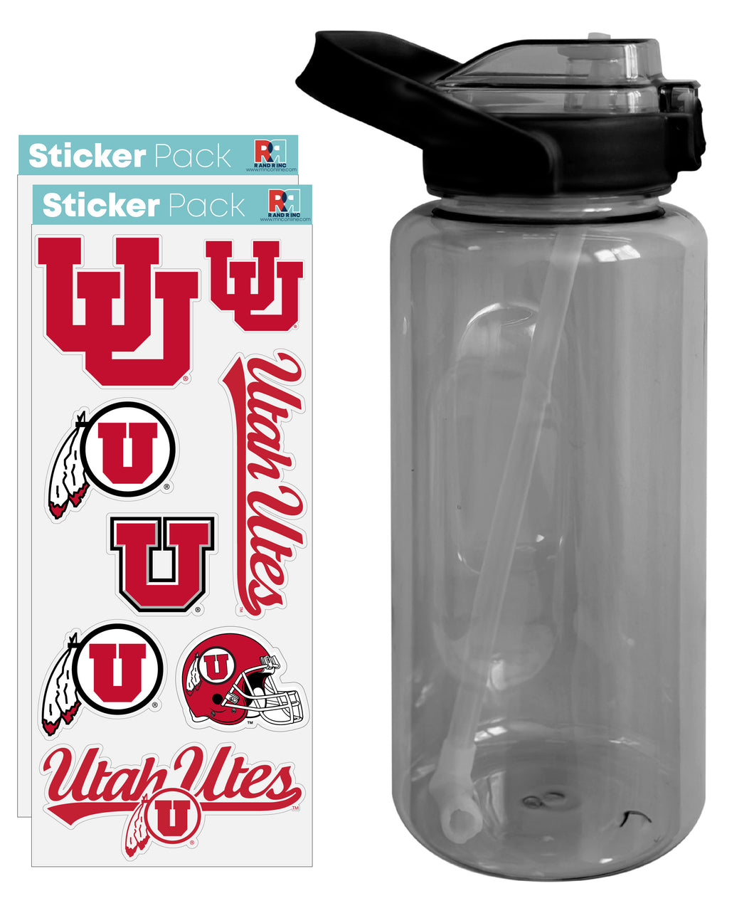 Utah Utes Waterproof Stickers with 64 oz Large Water Bottle with Screw-on Top and Straw Officially Licensed Product Single