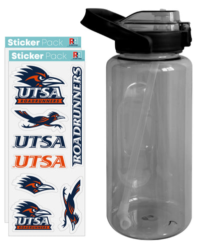 UTSA Road Runners Waterproof Stickers with 64 oz Large Water Bottle with Screw-on Top and Straw Officially Licensed Product 2-Pack