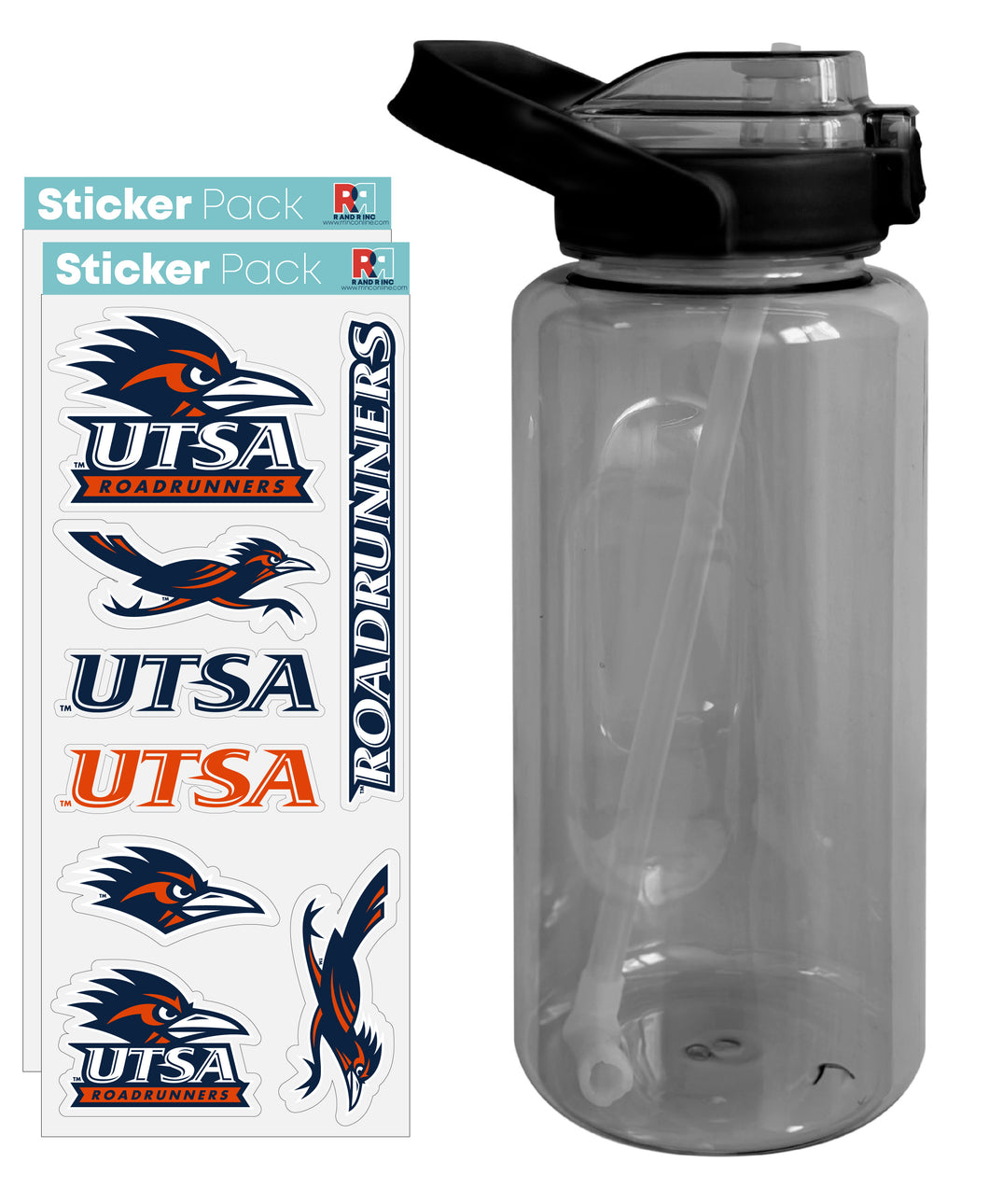 UTSA Road Runners Waterproof Stickers with 64 oz Large Water Bottle with Screw-on Top and Straw Officially Licensed Product 2-Pack