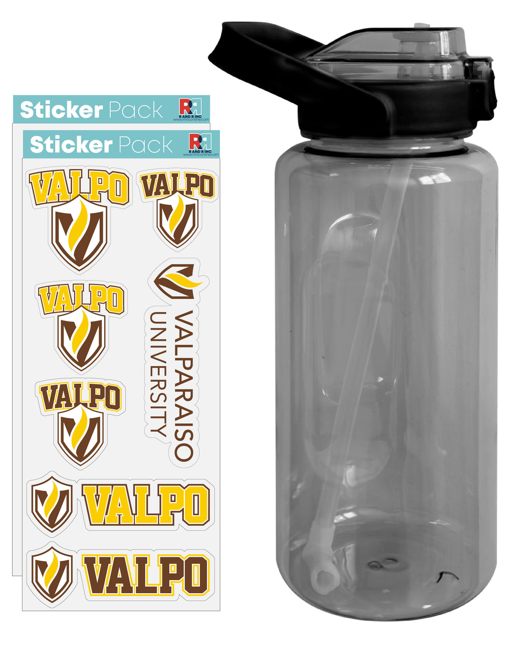 Valparaiso University Waterproof Stickers with 64 oz Large Water Bottle with Screw-on Top and Straw Officially Licensed Product Single