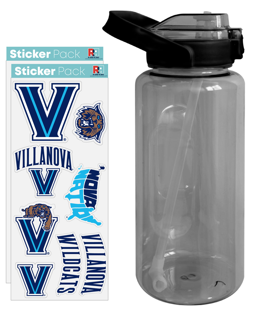 Villanova Wildcats Waterproof Stickers with 64 oz Large Water Bottle with Screw-on Top and Straw Officially Licensed Product Single