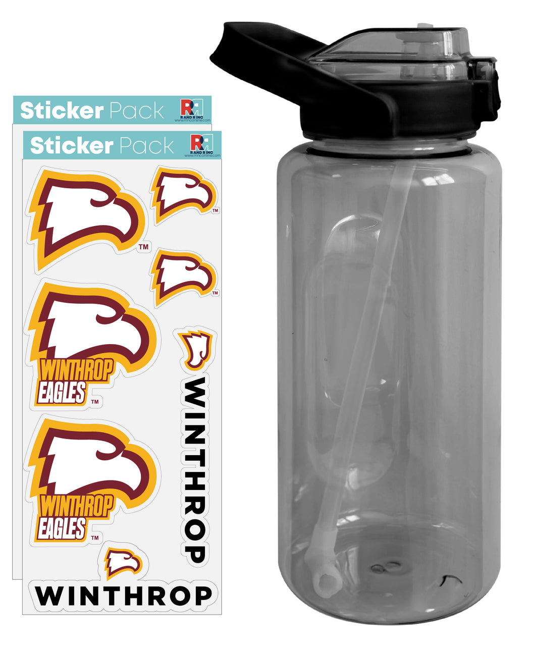 Winthrop University Waterproof Stickers with 64 oz Large Water Bottle with Screw-on Top and Straw Officially Licensed Product Single