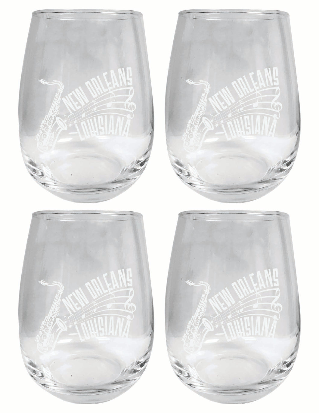 New Orleans Louisiana Souvenir 15 oz Engraved Stemless Wine Glass 4-Pack 