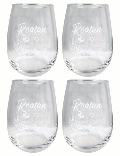 Roatan Honduras Souvenir 15 oz Engraved Stemless Wine Glass 4-Pack 