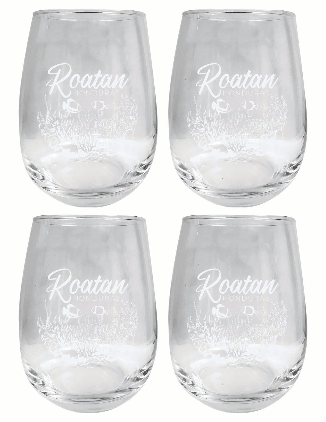 Roatan Honduras Souvenir 15 oz Engraved Stemless Wine Glass 4-Pack 