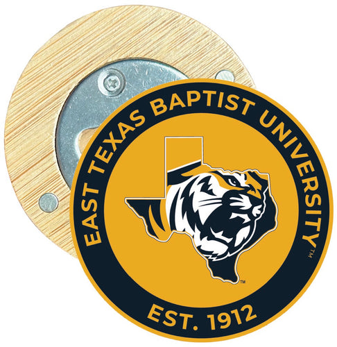 East Texas Baptist University Round Wood Magnetic Bottle Opener 2.5