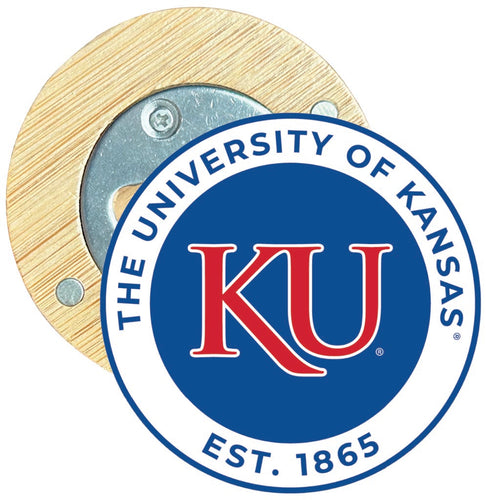 Kansas Jayhawks Round Wood Magnetic Bottle Opener 2.5