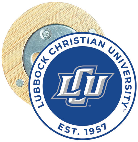 Lubbock Christian University Chaparral Round Wood Magnetic Bottle Opener 2.5