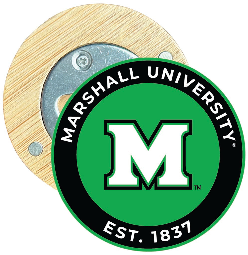 Marshall Thundering Herd Round Wood Magnetic Bottle Opener 2.5