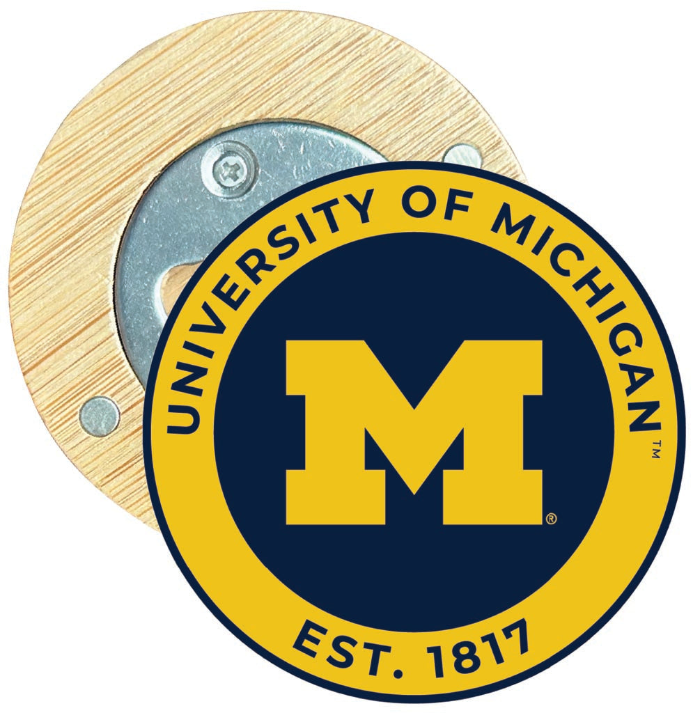 Michigan Wolverines Round Wood Magnetic Bottle Opener 2.5