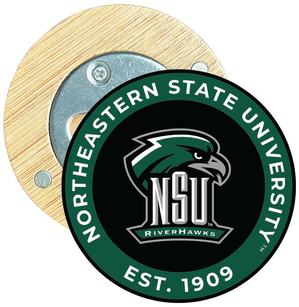 Northeastern State University Riverhawks Round Wood Magnetic Bottle Opener 2.5