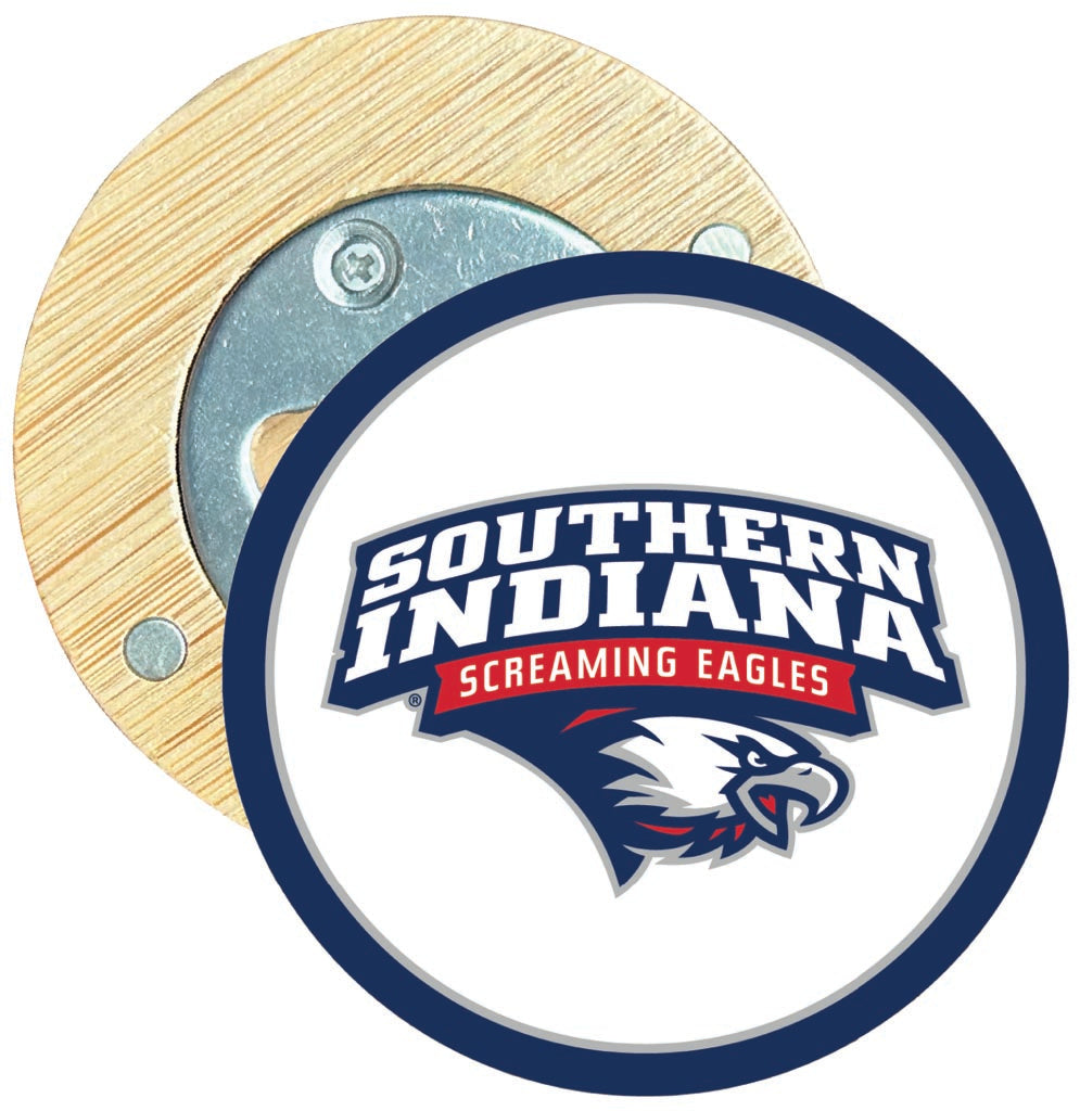 University of Southern Indiana Round Wood Magnetic Bottle Opener 2.5