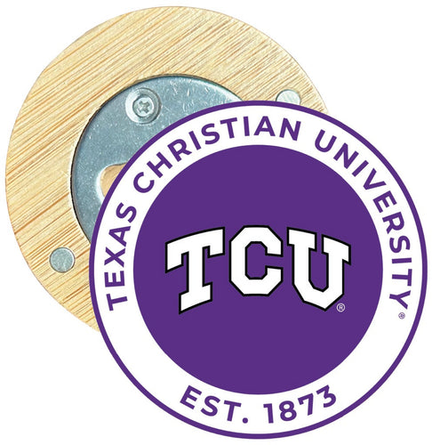 Texas Christian University Round Wood Magnetic Bottle Opener 2.5