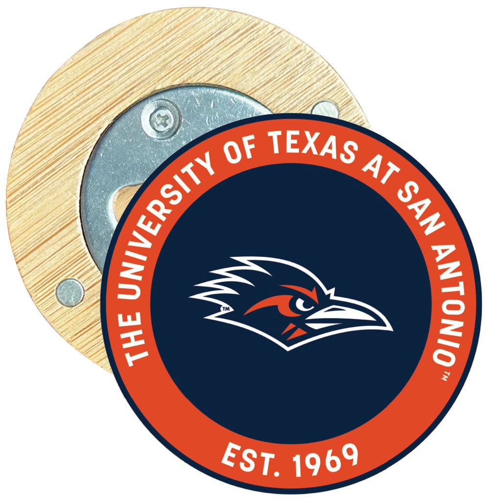 UTSA Road Runners Round Wood Magnetic Bottle Opener 2.5