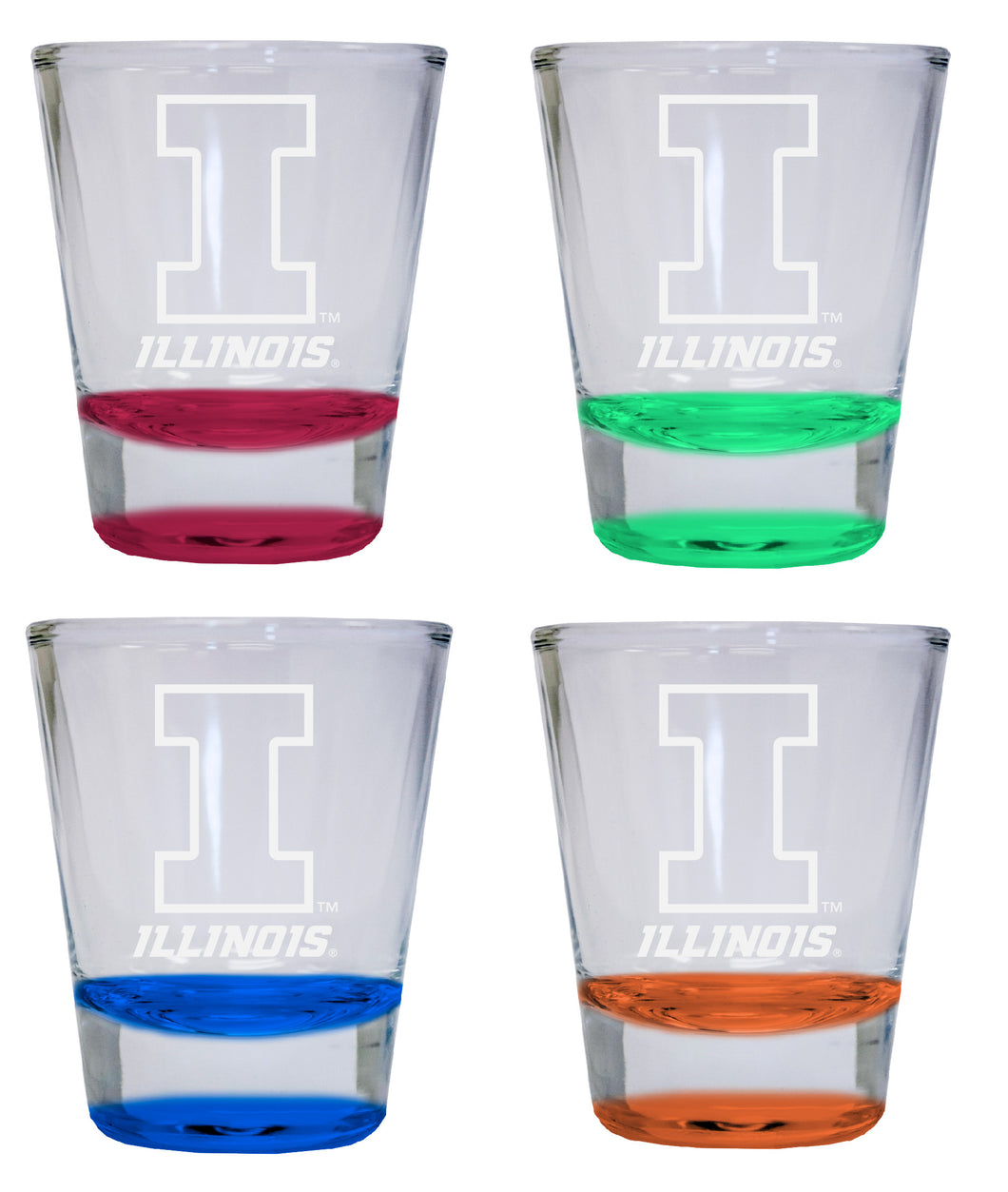 NCAA Illinois Fighting Illini Collector's 2oz Laser-Engraved Spirit Shot Glass Red, Orange, Blue and Green 4-Pack