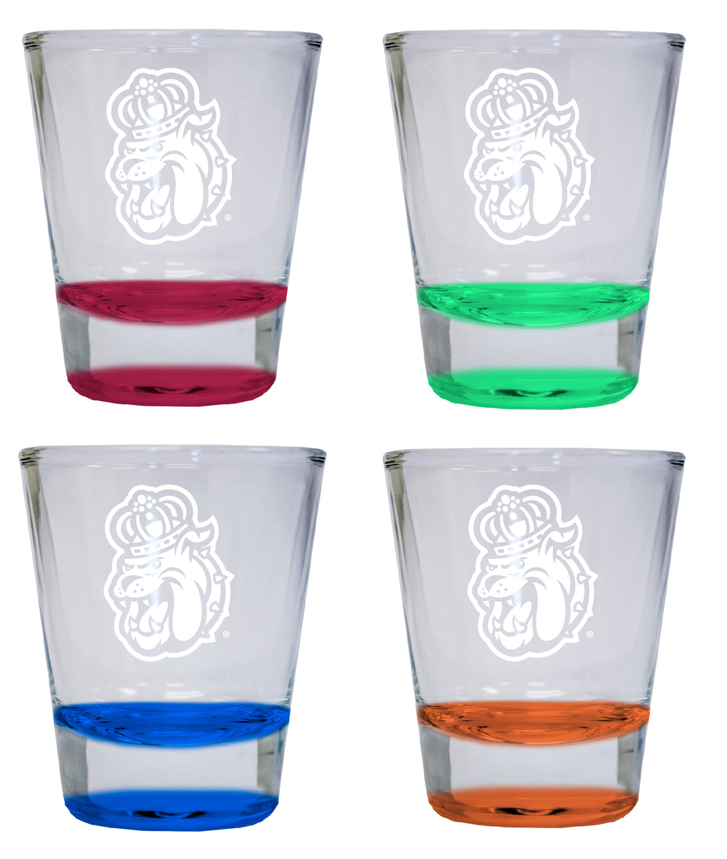 NCAA James Madison Dukes Collector's 2oz Laser-Engraved Spirit Shot Glass Red, Orange, Blue and Green 4-Pack