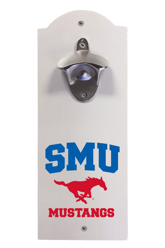 Southern Methodist University Wall-Mounted Bottle Opener – Sturdy Metal with Decorative Wood Base for Home Bars, Rec Rooms & Fan Caves