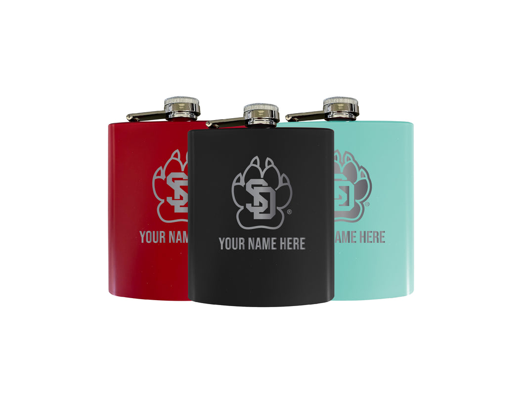 South Dakota Coyotes Officially Licensed Personalized Stainless Steel Flask 7 oz - Custom Text, Matte Finish, Choose Your Color