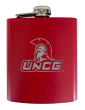 Load image into Gallery viewer, North Carolina Greensboro Spartans Stainless Steel Etched Flask 7 oz - Officially Licensed, Choose Your Color, Matte Finish
