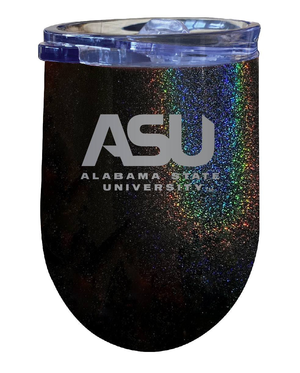 Alabama State University NCAA Laser-Etched Wine Tumbler - 12oz Rainbow Glitter Black Stainless Steel Insulated Cup