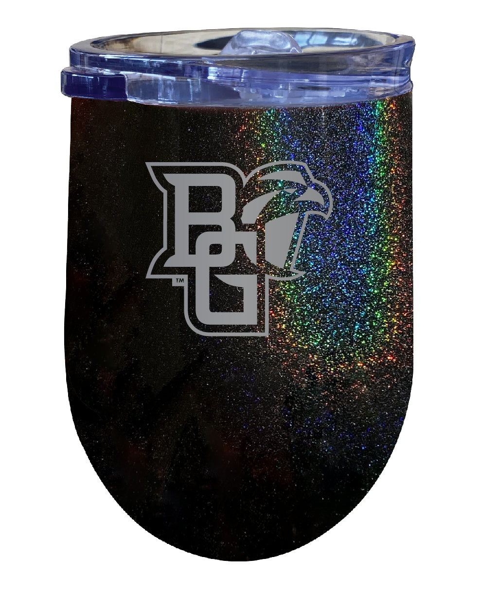 Bowling Green Falcons NCAA Laser-Etched Wine Tumbler - 12oz Rainbow Glitter Black Stainless Steel Insulated Cup